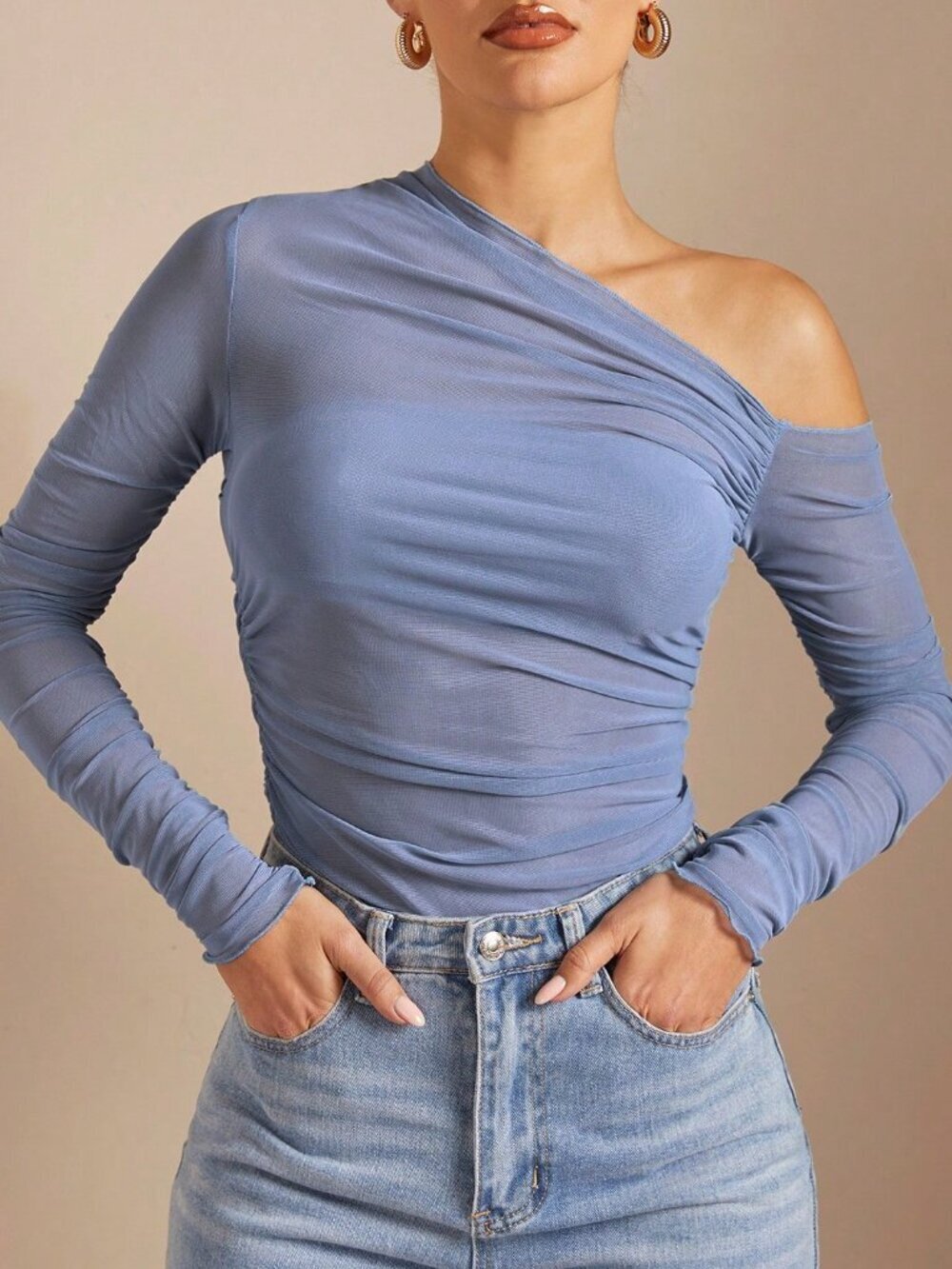 blue Casual Women's Asymmetrical Collar Ruched Perspective Tight T-Shirt